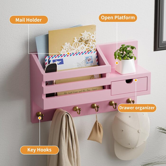Настінна органайзер для ключів з 6 гачками та шухлядою, дерев'яна полиця для ключів, ключниця на стіну, для дому, офісу, прихожої (білий) (Рожевий - 02)