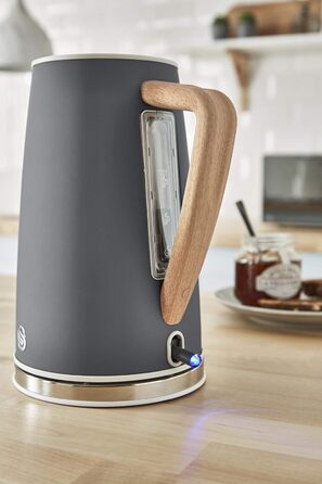 Swan Nordic Ultra Fast Electric Kettle - Wireless, Modern Design, 1.7L, 2200W, Wood-Look Handle, Auto Shutoff, White (Gray, Single)