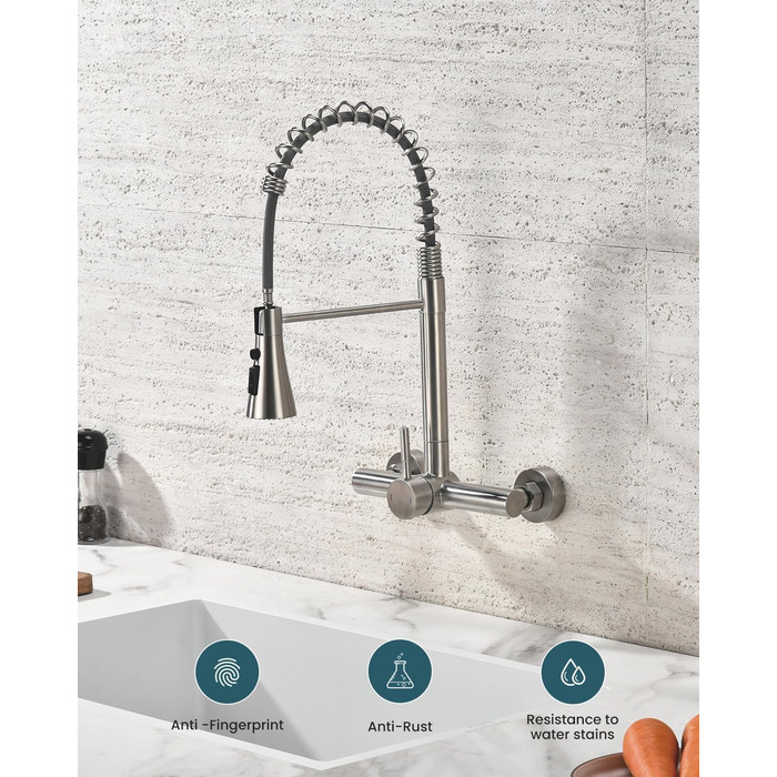 Змішувач кухонний настінний DAYONE з висувною лійкою, нержавіюча сталь, 3 режими, 360° обертання, відстань між отворами 15 см, матовий