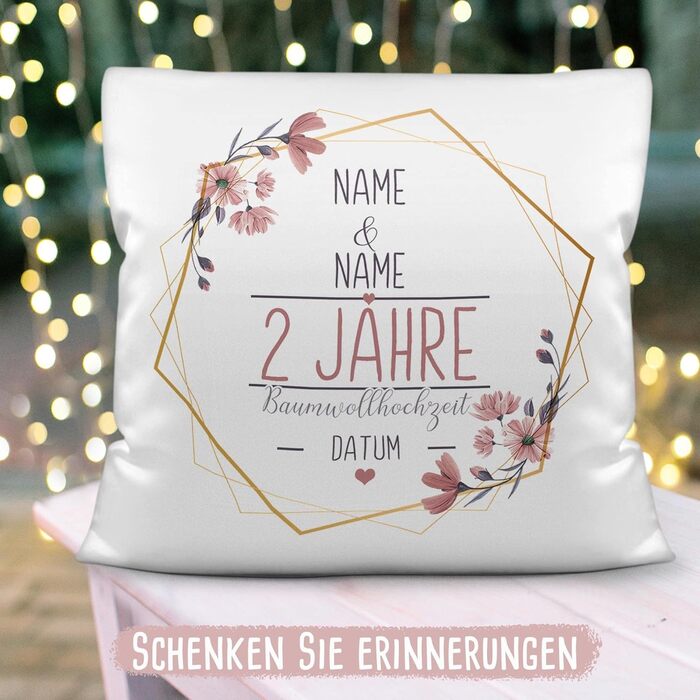 Pillow Wedding Day Cotton Wedding - Customize with Name & Date - 2 Years of Marriage, Wedding Gift, Anniversary, Engagement - Fluffy White Pillow, 40x40 cm | Personalized