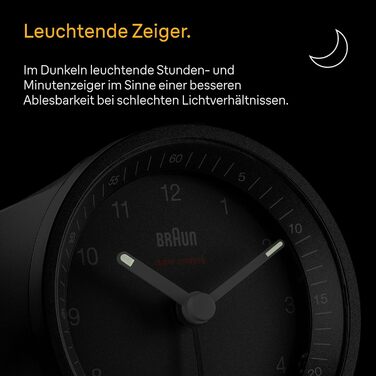 Classic analog radio alarm clock by Braun for the Central European Time Zone (CET/GMT+1) with snooze function and light, quiet movement, crescendo alarm in black, model BC07B-DCF