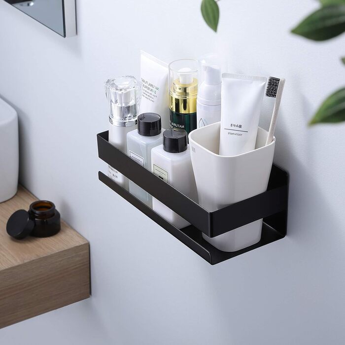 Регульована поличка для душу YIGII з нержавіючої сталі, чорна, 4 яруси, без свердління, з тримачем для зубних щіток, 63.5–290 см