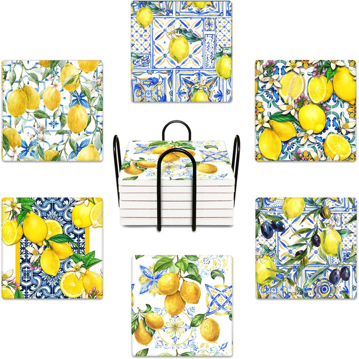 Coasters for drinks, 6 pieces, yellow lemon, fruit, blue ceramic tiles, pattern, absorbent, square, ceramic stone mat, with cork base and metal holder, housewarming gift