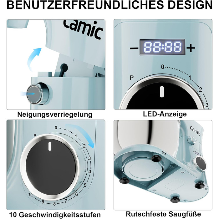 Кухонний комбайн-міксер Camic з LED-дисплеєм, 10 швидкостями та 2 чашами з нержавіючої сталі (4Л та 5Л), набір з 3 аксесуарів для тіста, хліба та тортів, синій