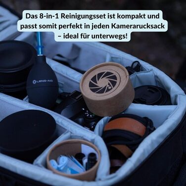 Набір для чищення камери 8-в-1 LENS-AID: для повноформатних, APS-C камер та об'єктивів. Включає рідину для чищення, мікрофібру, стайки, вологі серветки, пензлик, повітряний насос та інше