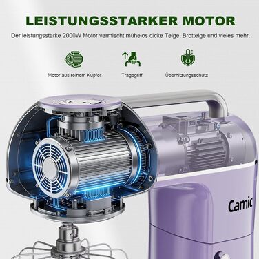 Кухонна машина Camic 2000W: планетарний міксер з чашею з нержавіючої сталі 7л, 10 швидкостями, набором насадок та захистом від бризок, світло-фіолетова