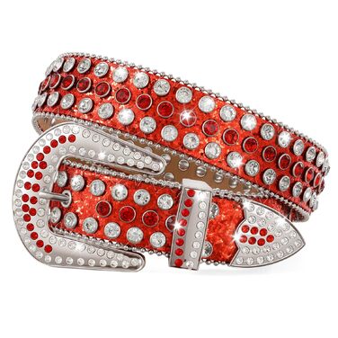 Жіночий шкіряний ремінь JasGood з камінням, в стилі вестерн, ковбойський, з заклепками для джинсів та штанів (Червоний, 135 см - підходить для розміру штанів 111-123 см)