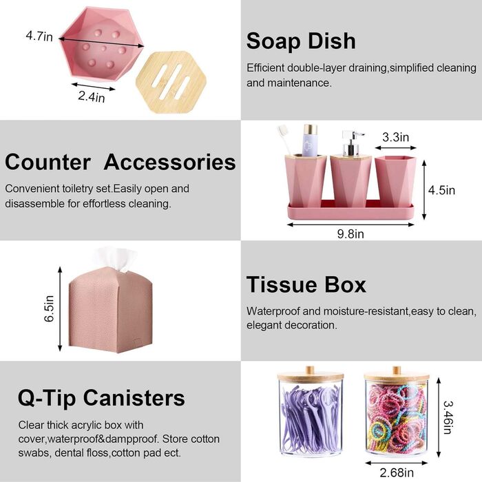 Набір аксесуарів для ванної кімнати, 10 предметів, рожевий та бамбуковий. Містить: смітник, піднос, дозатор мила, мильниця, тримач для зубних щіток, стакан для зубних щіток, тримач для серветок, WC-щітка та автоматичний диспенсер.