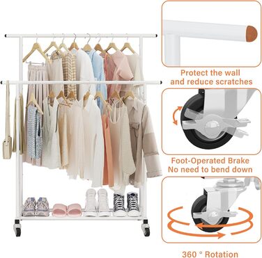 Підвісна штанга для одягу Calmootey з подвійною перекладиною, мобільна, для спальні, вітальні, магазину одягу, біла