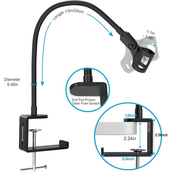 Кріплення для мікрофону Zealsound: регульований штатив-ластик з кріпленням, адаптер 3/8' - 5/8', міцна клямка для столу, сумісний з Blue Snowball, Ice, Spark, SoloCast, 13 дюймів