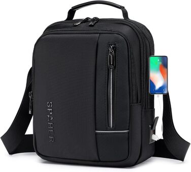 Чоловіча сумка через плече SPAHER: компактна, з USB, для бізнесу, чорна
