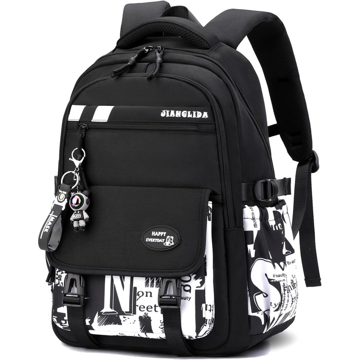 Шкільний рюкзак Tanou для хлопчиків-підлітків, принт графіті, водонепроникний, 10-18 років, для школи, гімназії, старшої школи (чорний/білий)