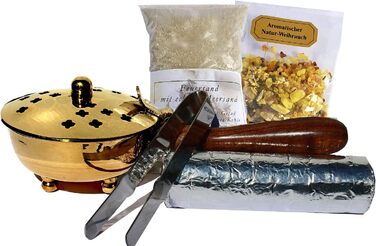 Smoking Pan Set, 5-Piece - Incense Burner for Burning Incense, Resins, including Incense, Charcoal, Sand, Tongs (Gold/Brass)