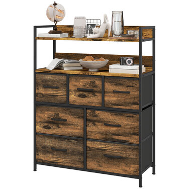 HOMCOM 7-Drawer Fabric Storage Chest of Drawers, Storage Cabinet, Dresser with 2 Shelves, Steel Frame for Bedroom, Living Room, Rustic Brown | Aosom