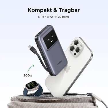 Power Bank UGREEN UNO 10000mAh з USB-C кабелем, 30W, 1 USB-C та 1 USB-A. Сумісний з iPhone 12-16, Galaxy S24 Ultra