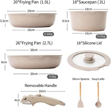 Набір посуду BOREINE 14 предметів з антипригарним гранітним покриттям, знімні ручки, для всіх типів плит (індукція, склокераміка, газ, духовка), коричневий