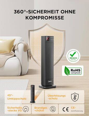 Електричний обігрівач Midea Ceramic 2000W з термостатом, 3 режими, таймер 24г, захист від перегріву та перекидання, миттєве тепло для офісу та спальні (сірий, 58см)