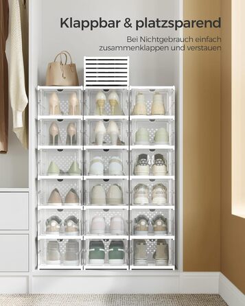 SONGMICS Shoe Cabinet 3-Piece Set, with 18 Shoe Boxes, Integrated Shoe Organizer, Foldable, Portable, for Shoe Sizes up to 46, 1-Minute Assembly, Transparent-Cloud White LSP207W01