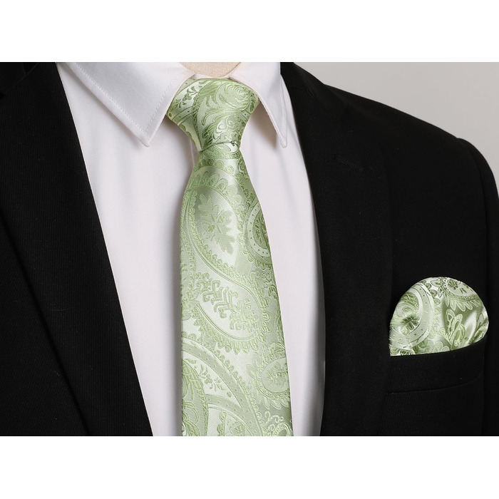 HISDERN Комплект краватки та нагрудного хустинки для весілля чоловічий, Пайслі, жаккард, однотонний, різні кольори (K-salbeigrün)