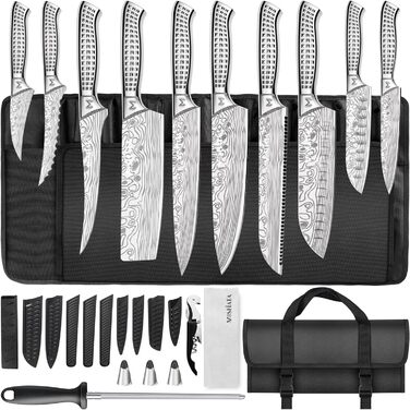 MOSFiATA 17-Piece Professional Knife Set with Titanium Coating - Stainless Steel Kitchen Knives, Chef's Knife Set with Finger Guards & Gift Box (Outdoor)