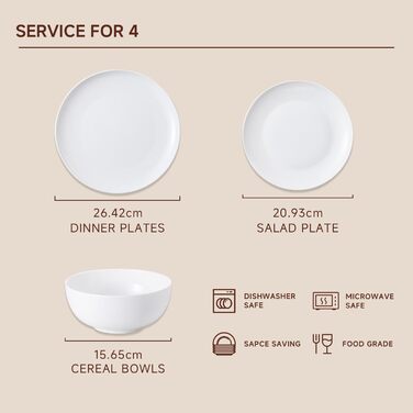 Набір посуду HIKAA на 6 осіб, 12-ти частинний, з кісткового фарфору, тарілки, сумісний з мікрохвильовою піччю та посудомийною машиною, сервіз для дому, весілля, легкий та довговічний (білий, з 20 столових приборів)