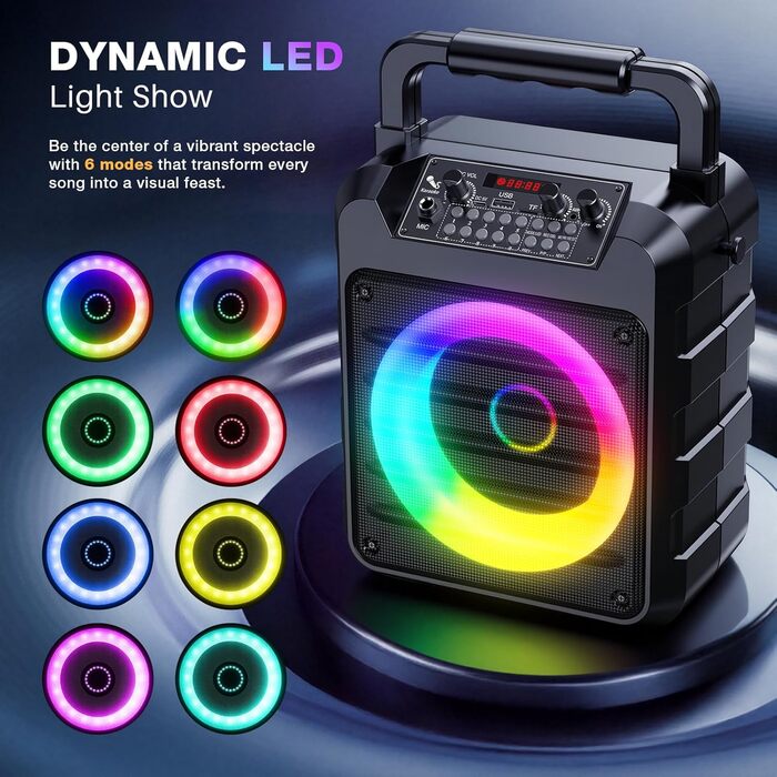 Портативна караоке-колонка Dislocati з 2 мікрофонами, 20W, LED-підсвітка, Bluetooth 5.3, AUX/USB, до 12 годин роботи - ідеальний подарунок для дітей та дорослих, чорний колір