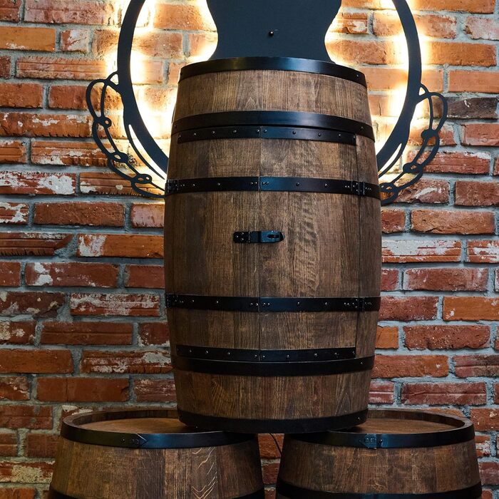 Wine Barrel Stand with Door - Liquor Cabinet, Bottle Rack, Wooden Shelves - Wooden Barrel - Barrel Furniture - Wine Rack - Wine Rack - Wine Bar - Barrel Bar with Door - Barrel Bar Minibar 80cm High (Wenge)