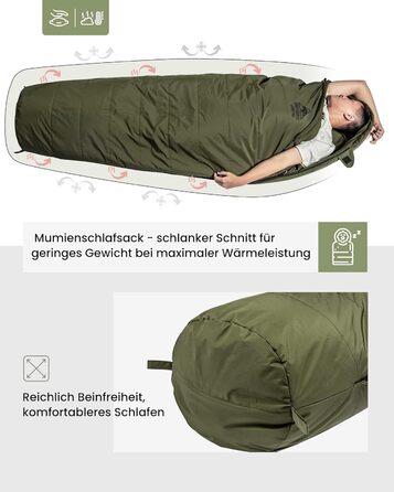 Сплячий мішок OneTigris для кемпінгу та подорожей: компактний, ультралегкий, 3 сезони, температурний режим -15°C до 8°C, матеріал: м'який, кокон, зелений