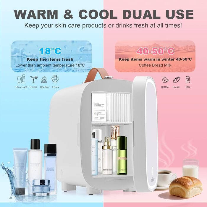 Mini-холодильник Enventor на 6 банок: косметичний холодильник з регульованим LED-дзеркалом, AC+12V DC, охолоджувач та нагрівач для спальні, дому, авто/догляду за шкірою та харчовими продуктами (білий, 4L)