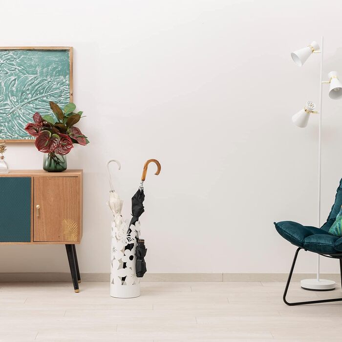 Підставка для парасольки Baroni Home - сучасний дизайн, металева, з квітами, 2 гачки, знімний контейнер, білий (19 x 19 x 49 см)