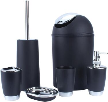 6-Piece Bathroom Set with Bin Soap Dish Dispenser Tumbler Toothbrush Holder, Plastic (black) Bathroom Set Beige