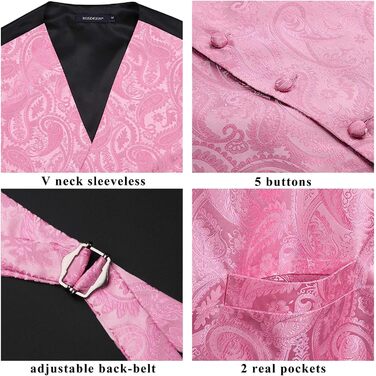 Костюмний жилет для чоловіків HISDERN рожевого кольору з візерунком пейслі, краватка, нагрудна хустинка, кишенькова хустинка, жакет з жаккарда, елегантний костюмний комплект рожевого кольору XL