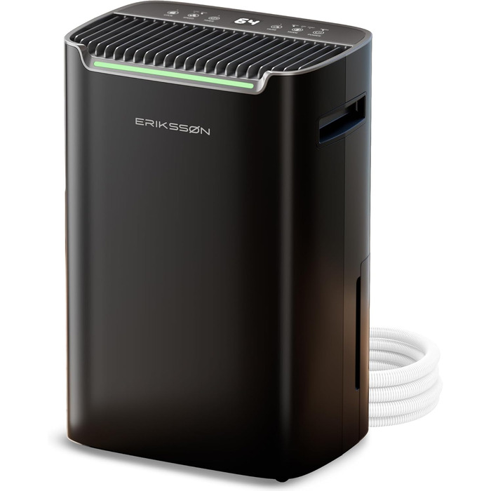 Зволожувач повітря Erikssøn з LED-дисплеєм, таймером та захистом для дітей | видаляє 20 л вологи на добу | для приміщень до 175 м³ | енергоефективний, з датчиком вологості, чорний