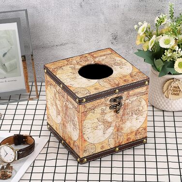 BTSKY Square Tissue Box Holder made of Wood + PU, Retro Style, for Home, Office, Cube, Napkin Holder, Elegant and Stylish Home Decor (Yellow Card)