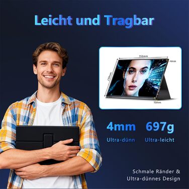 Портативний монітор 16 дюймів 1200P 165Hz 450Nits 100% sRGB з Smart Cover, для ноутбука PC Xbox PS4 PS5 Switch, чорний