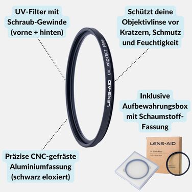 Фільтр об'єктиву Lens-Aid UV 67mm з Schott Glas B270: захист від ультрафіолету, нанопокриття, антиблік, стійкий до води та олії