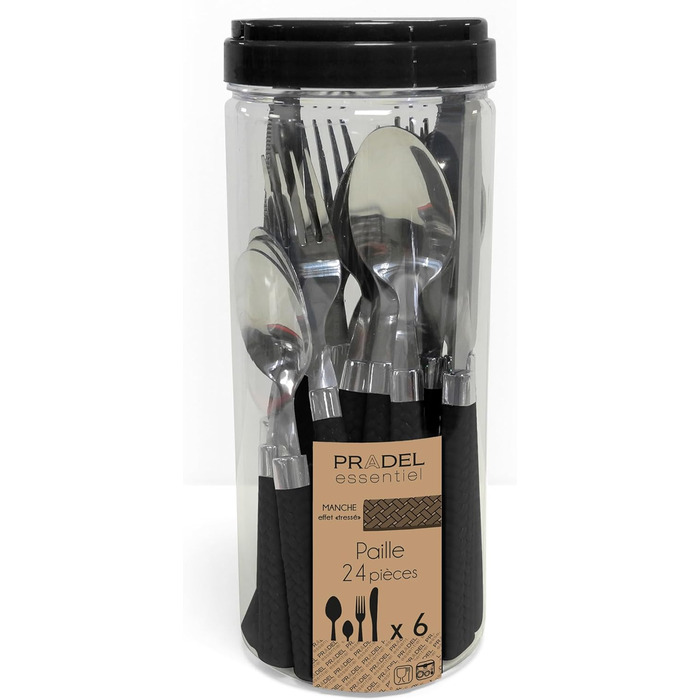 Amefa PAILLE Cutlery Set for 6 | Dinner Cutlery Set 24-Piece | Black Handles with Braided Design | Cutlery Set 18/0 Stainless Steel | Dishwasher-Safe Cutlery Set | 6 each of Fork, Knife, Spoon & Teaspoon
