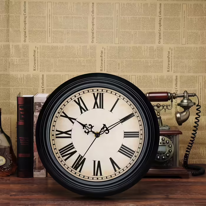 Plumeet Wall Clock - Quiet Retro Classic Wall Clock without Ticking for Living Room, Bedroom, Battery Operated (Roman Numerals) (Black, 40.6cm)