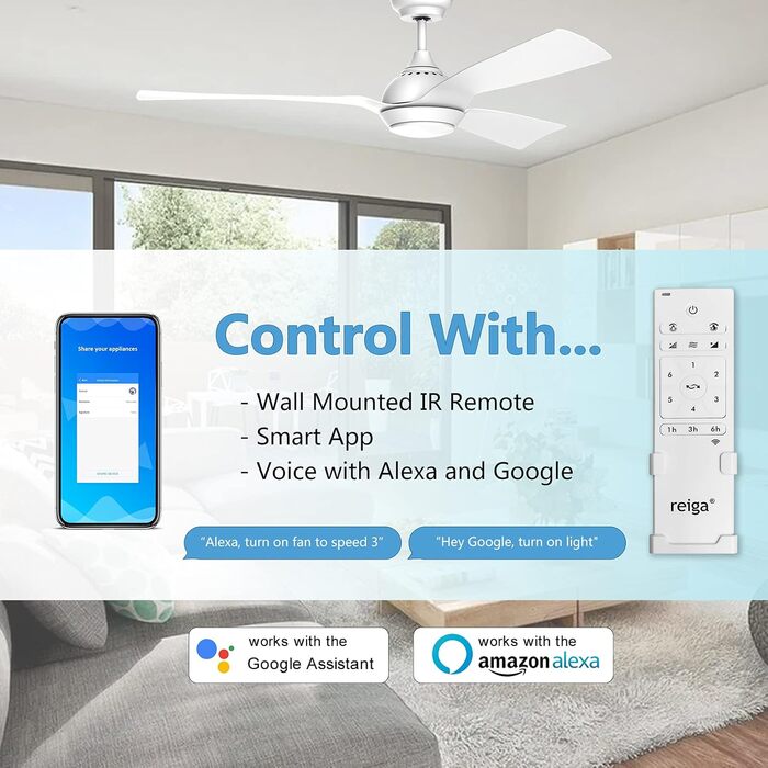 Стеляний вентилятор Reiga з LED-підсвічуванням та пультом керування, 132 см, білий, DC-двигун, тихий, 6 швидкостей, 3 колірні температури, для внутрішнього та зовнішнього використання, 3 лопаті, білий