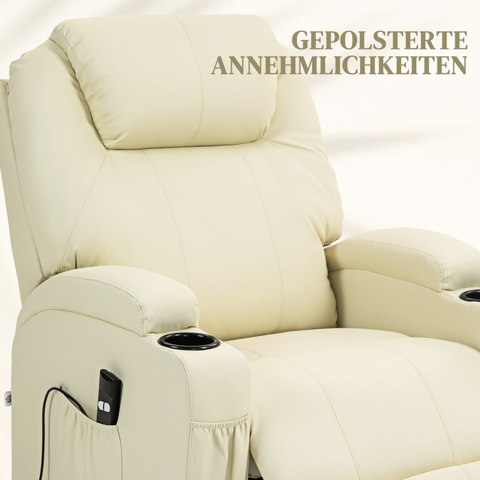 HOMCOM Power Lift TV Chair with Electric Recliner and Lie-Flat Function, TV Chair with Cup Holder, Side Pocket, and Remote Control, Faux Leather, Cream