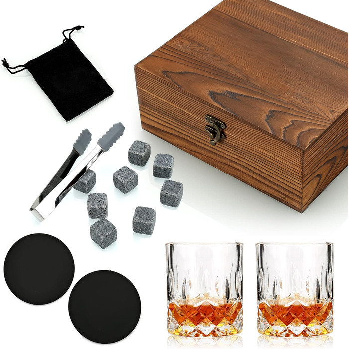 Склянки для віскі з гранітними кубиками, набір 2 шт, 310 мл, дерев'яна подарункова коробка