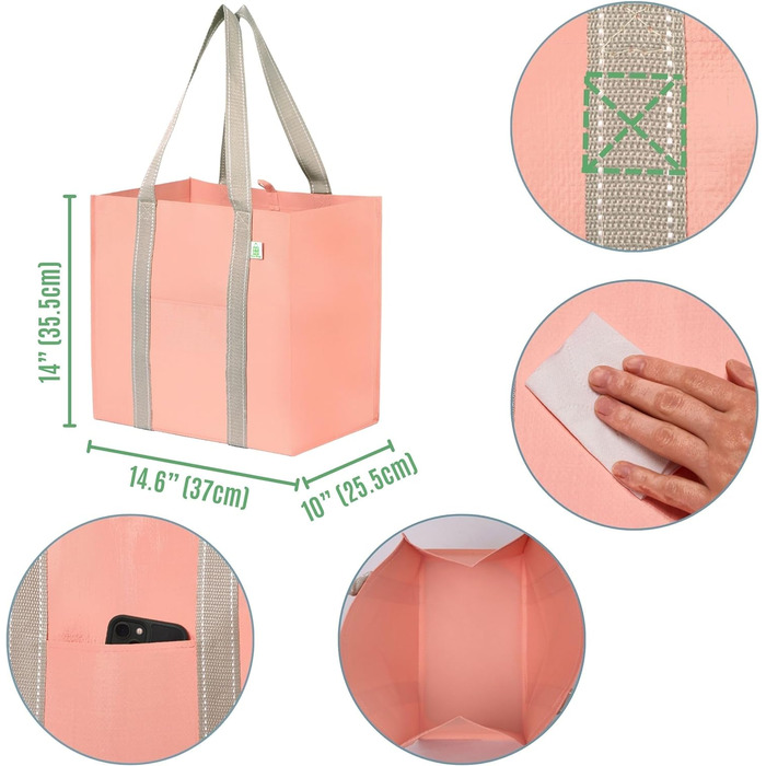 VENO 34 Liter Large Shopping Bag Foldable with Sturdy Bottom and Front Pocket, Reusable Shopping Bags Water-Resistant Tote Bag Shopping Basket for Shopping Picnic (Pink, 4-Pack)