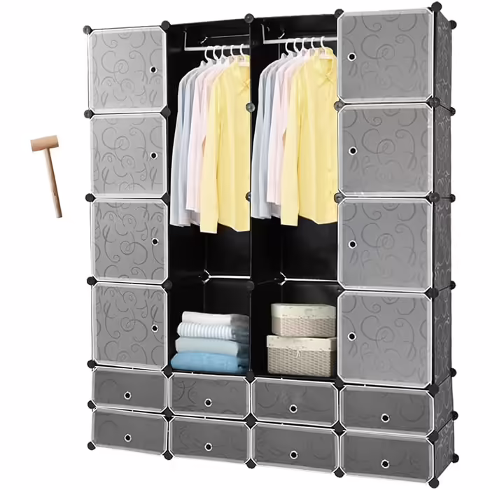 Regal System Shoe Rack Set of 20 Cubes, Plastic Closet with Doors, Plug-in Shelf, DIY Cube Shelf, Storage, Modular Combination Cabinet for Clothes, Shoes, and Books, Black (Black with 16 Cubes)
