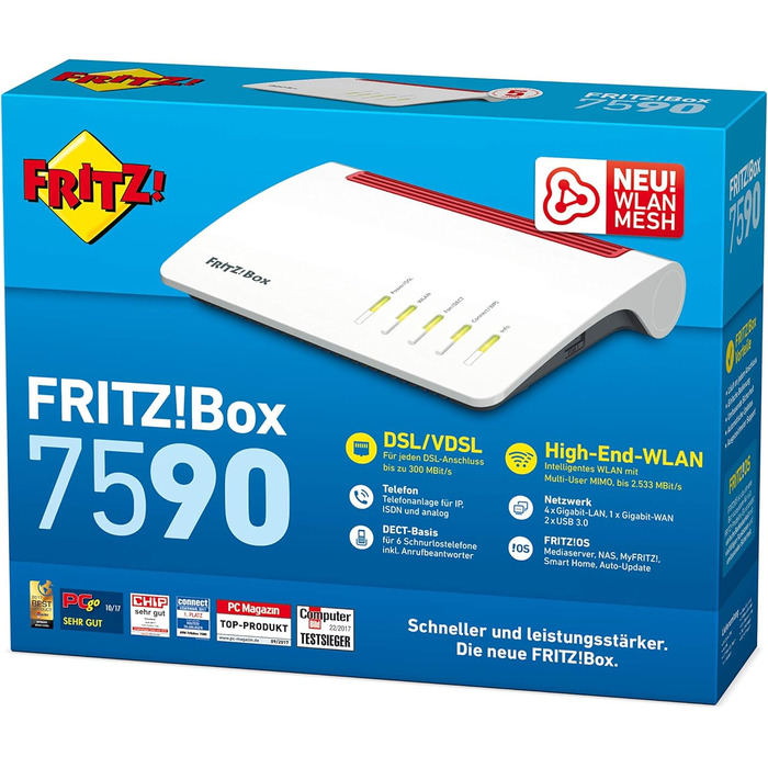 Роутер AVM FRITZ!Box 7590: Wi-Fi AC + N, VDSL/ADSL, DECT, Media Server (відновлений), для Німеччини
