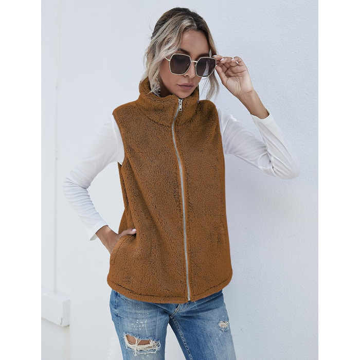 Жіноча жилетка Rapbin з флісу Teddy, тепла безрукавка на осінь/зиму, м'яка плюшева жилетка, повсякденний однотонний верхній одяг (XL, Коричневий)