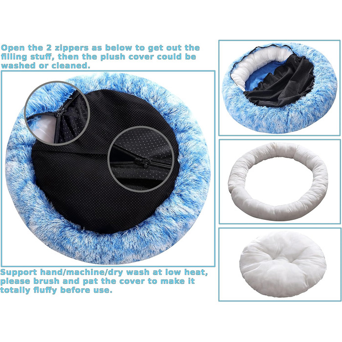 Крісло-гніздо для собак XXXL, кругле, знімний та пральний чохол, антистрес, штучне хутро, м'яке, комфортне, блакитне (115см)