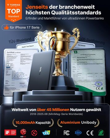 Портативний зарядний пристрій TORRAS Slim Powerbank 10000mAh з кабелем USB-C, 22.5W PD3.0, для iPhone, Samsung, AirPods, білий