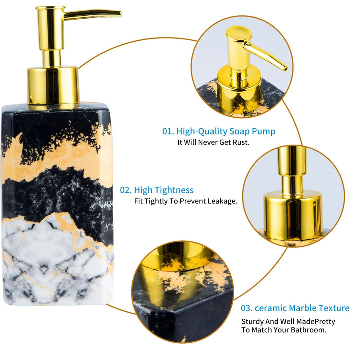 Набір аксесуарів для ванної кімнати (4 шт) – білий набір з дозатором для лосьйону, тримачем для зубних щіток, склянкою та мильницею – блискуча поверхня (мармур, білий) (чорний, білий)