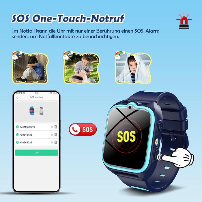 Дитячий розумний годинник з SIM-карткою, GPS-трекер, SOS, 4G, ліхтарик, IP67, для дівчаток та хлопчиків, блакитний