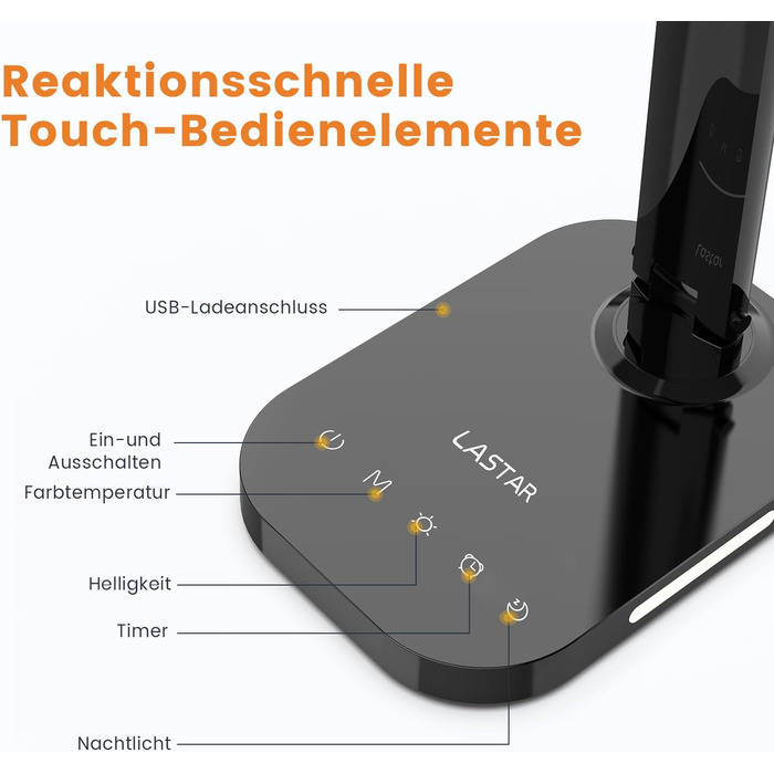 LED-лампа настільна LASTAR з USB-зарядкою, диммуванням, 5 режимами, таймером та нічним світлом